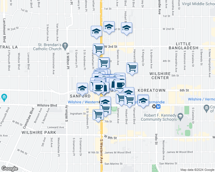 map of restaurants, bars, coffee shops, grocery stores, and more near 3900 West 6th Street in Los Angeles