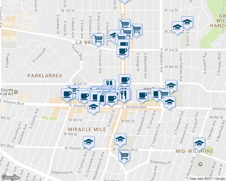 map of restaurants, bars, coffee shops, grocery stores, and more near 649 South Detroit Street in Los Angeles