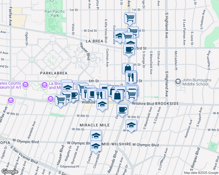 map of restaurants, bars, coffee shops, grocery stores, and more near 650 South Cochran Avenue in Los Angeles