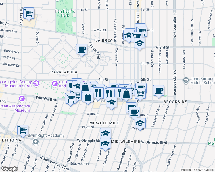 map of restaurants, bars, coffee shops, grocery stores, and more near 645 South Dunsmuir Avenue in Los Angeles