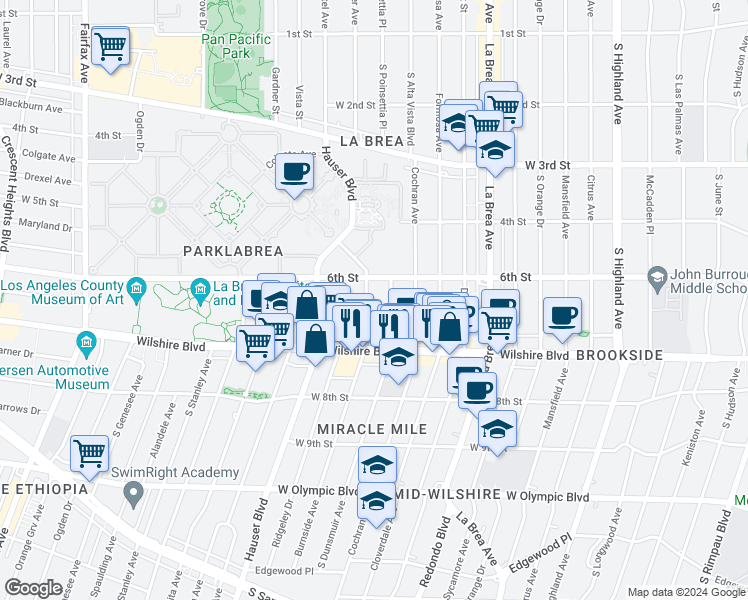 map of restaurants, bars, coffee shops, grocery stores, and more near 645 South Dunsmuir Avenue in Los Angeles