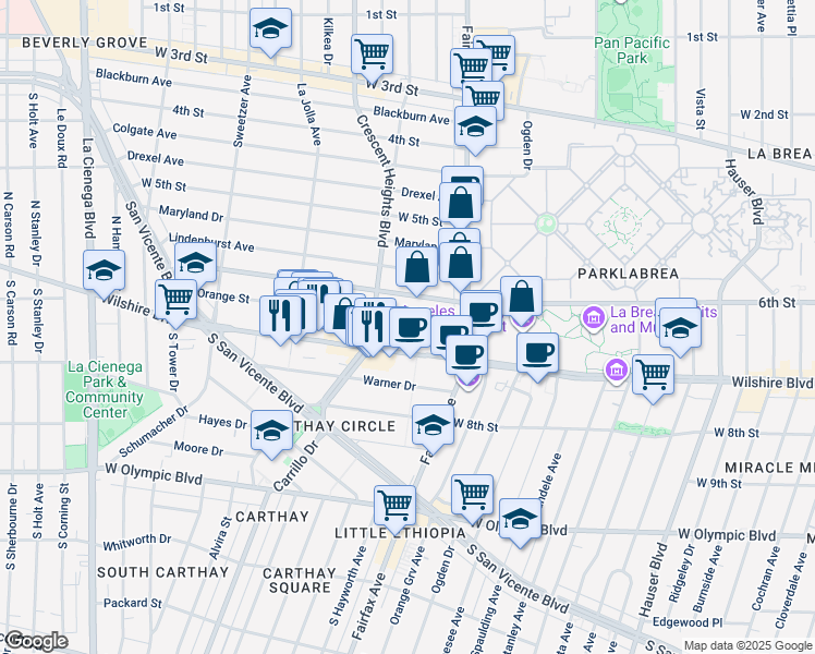 map of restaurants, bars, coffee shops, grocery stores, and more near 6205 Wilshire Boulevard in Los Angeles