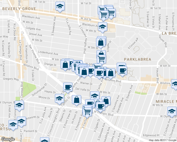 map of restaurants, bars, coffee shops, grocery stores, and more near 6205 Wilshire Boulevard in Los Angeles