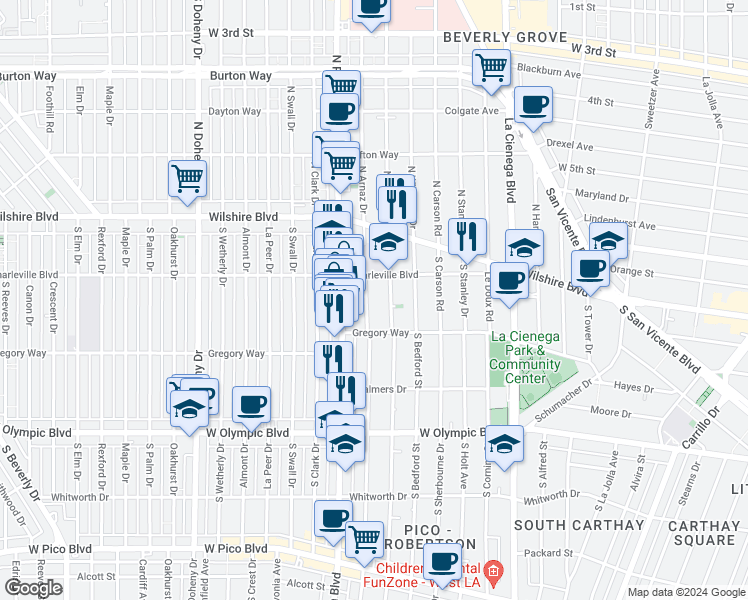 map of restaurants, bars, coffee shops, grocery stores, and more near 219 South Hamel Drive in Beverly Hills