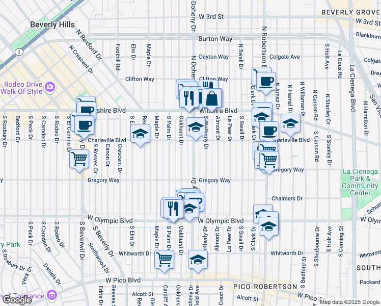 map of restaurants, bars, coffee shops, grocery stores, and more near 240 South Oakhurst Drive in Beverly Hills