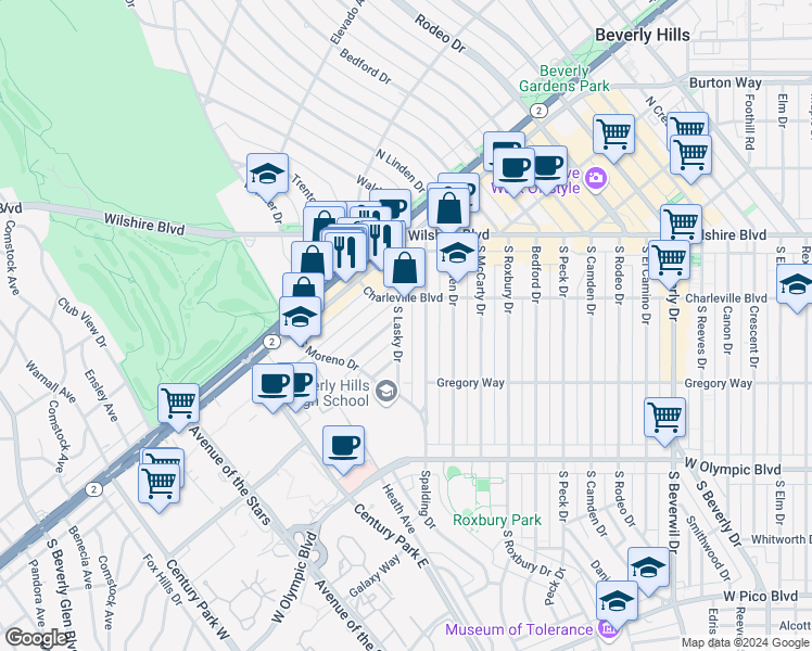 map of restaurants, bars, coffee shops, grocery stores, and more near 241 South Lasky Drive in Beverly Hills