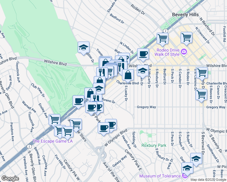 map of restaurants, bars, coffee shops, grocery stores, and more near 9941 Robbins Drive in Beverly Hills
