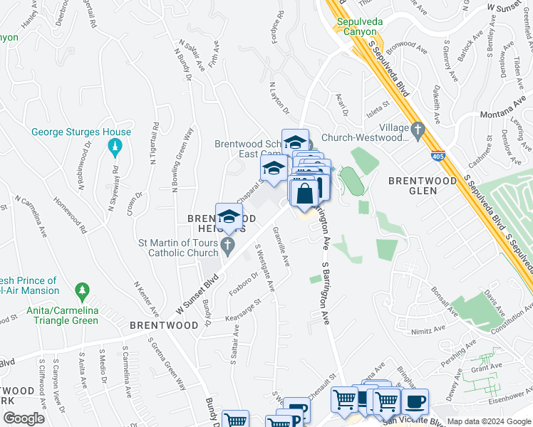map of restaurants, bars, coffee shops, grocery stores, and more near 110 Granville Avenue in Los Angeles