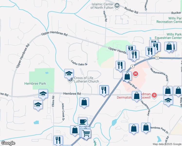 map of restaurants, bars, coffee shops, grocery stores, and more near 225 Hembree Forest Circle in Roswell