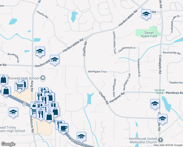 map of restaurants, bars, coffee shops, grocery stores, and more near 395 Chaffin Road in Roswell