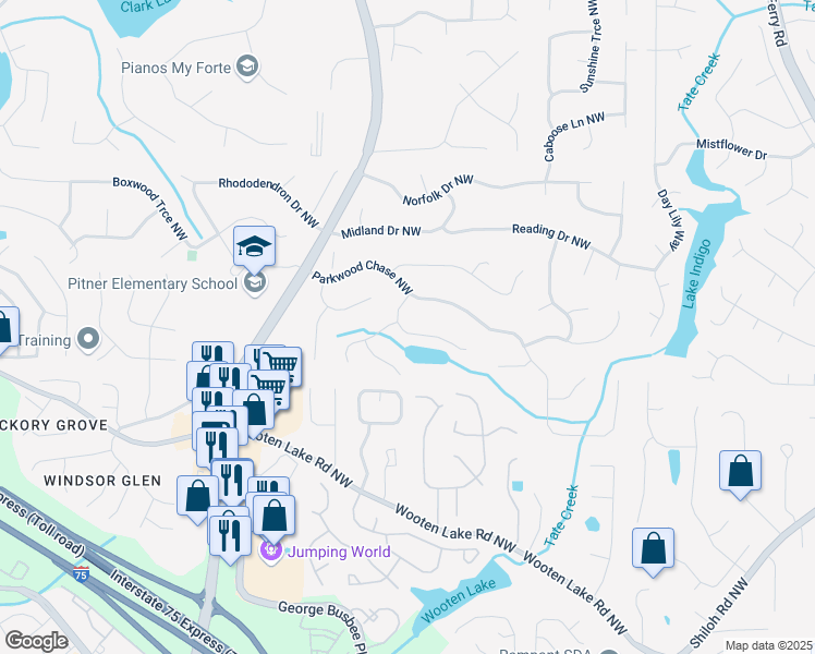 map of restaurants, bars, coffee shops, grocery stores, and more near 1307 Chandler Court Northwest in Acworth