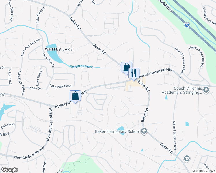 map of restaurants, bars, coffee shops, grocery stores, and more near 2606 Willow Grove Road in Acworth