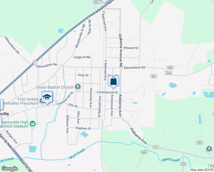 map of restaurants, bars, coffee shops, grocery stores, and more near 1412 Commercial Street in Hanceville