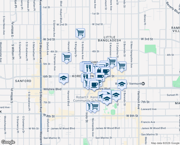 map of restaurants, bars, coffee shops, grocery stores, and more near 540 South Normandie Avenue in Los Angeles