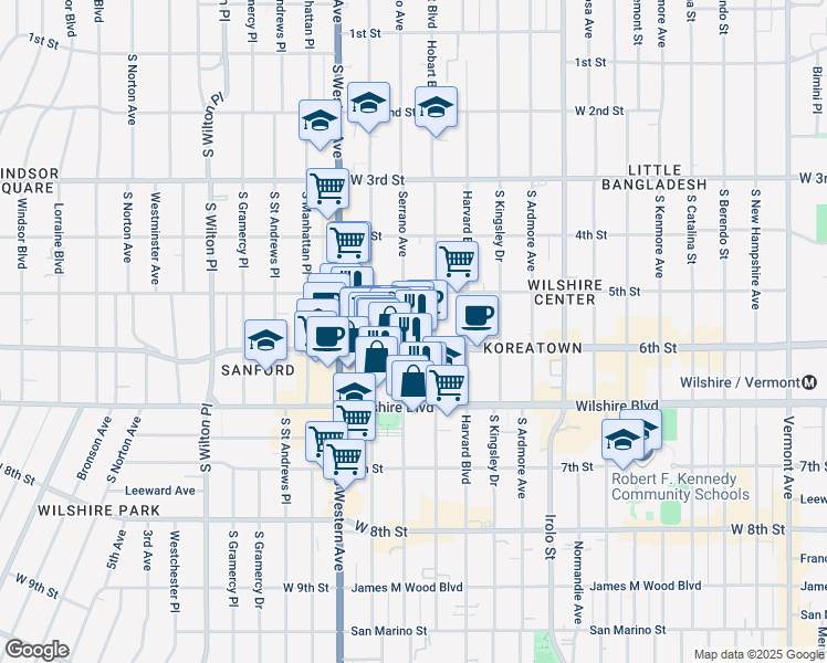 map of restaurants, bars, coffee shops, grocery stores, and more near 550 South Serrano Avenue in Los Angeles