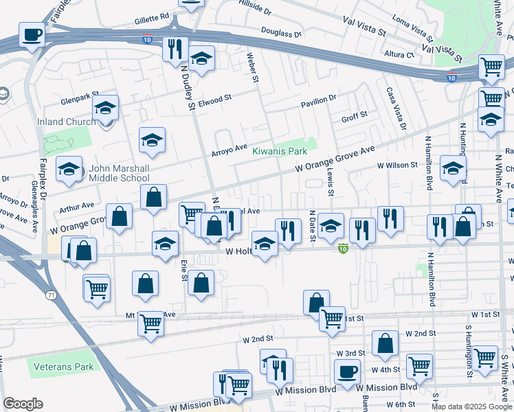 map of restaurants, bars, coffee shops, grocery stores, and more near 1443 Laurel Avenue in Pomona