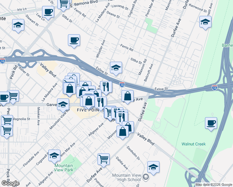 map of restaurants, bars, coffee shops, grocery stores, and more near 12114 1/2 Clora Place in El Monte