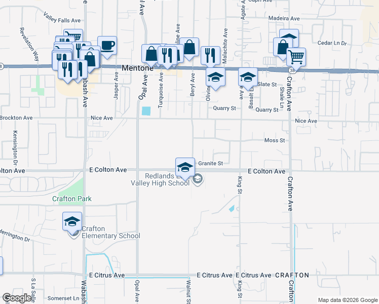 map of restaurants, bars, coffee shops, grocery stores, and more near 10431 Beryl Avenue in Mentone