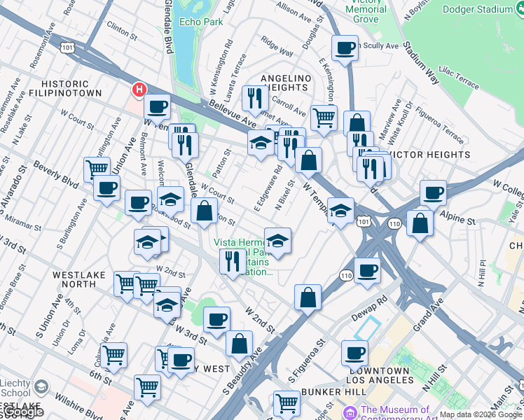 map of restaurants, bars, coffee shops, grocery stores, and more near 1246 West Court Street in Los Angeles