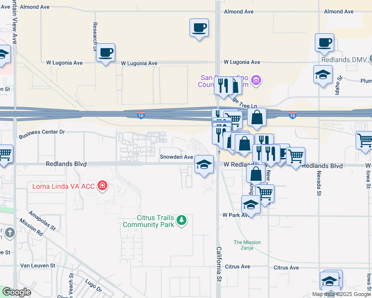 map of restaurants, bars, coffee shops, grocery stores, and more near 26376 Cardigan Place in Redlands