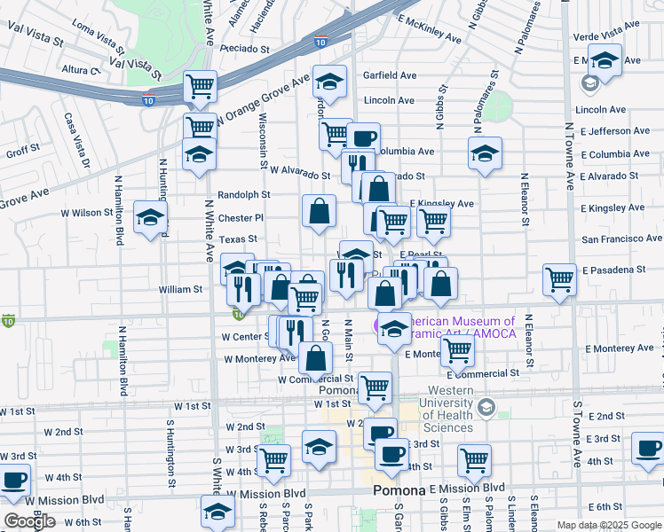 map of restaurants, bars, coffee shops, grocery stores, and more near 662 North Gordon Street in Pomona