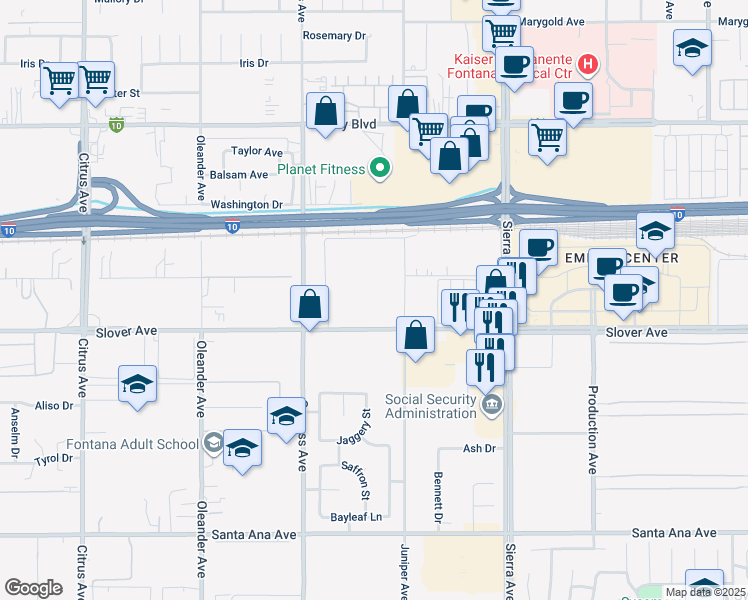 map of restaurants, bars, coffee shops, grocery stores, and more near 16604 Slover Avenue in Fontana