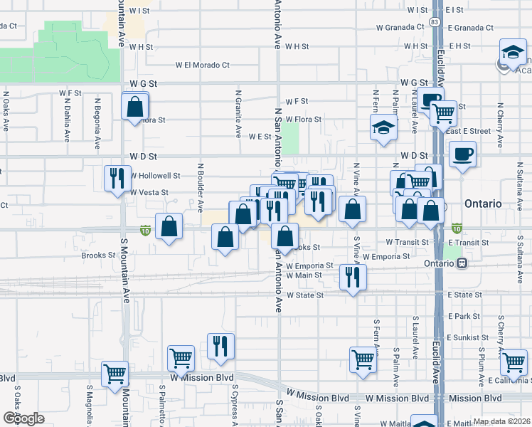 map of restaurants, bars, coffee shops, grocery stores, and more near 717 West B Street in Ontario