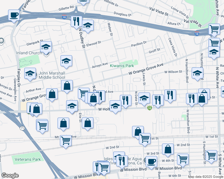 map of restaurants, bars, coffee shops, grocery stores, and more near 1443 Laurel Avenue in Pomona