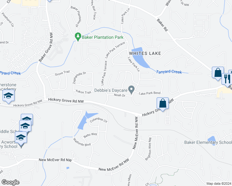map of restaurants, bars, coffee shops, grocery stores, and more near 2918 Noah Drive in Acworth