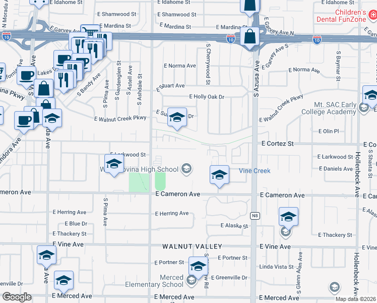 map of restaurants, bars, coffee shops, grocery stores, and more near 1524 East Larkwood Street in West Covina