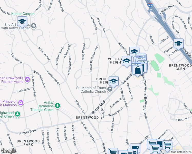 map of restaurants, bars, coffee shops, grocery stores, and more near 319 North Bundy Drive in Los Angeles