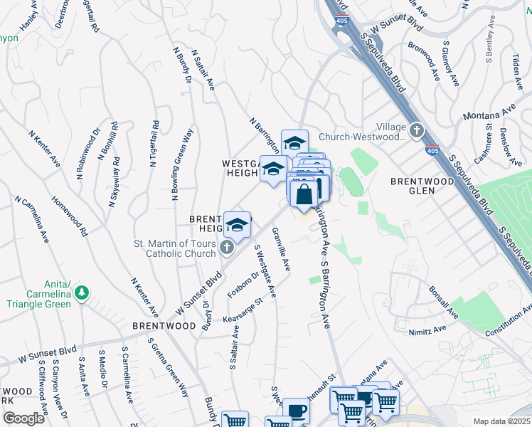 map of restaurants, bars, coffee shops, grocery stores, and more near 11767 Sunset Boulevard in Los Angeles