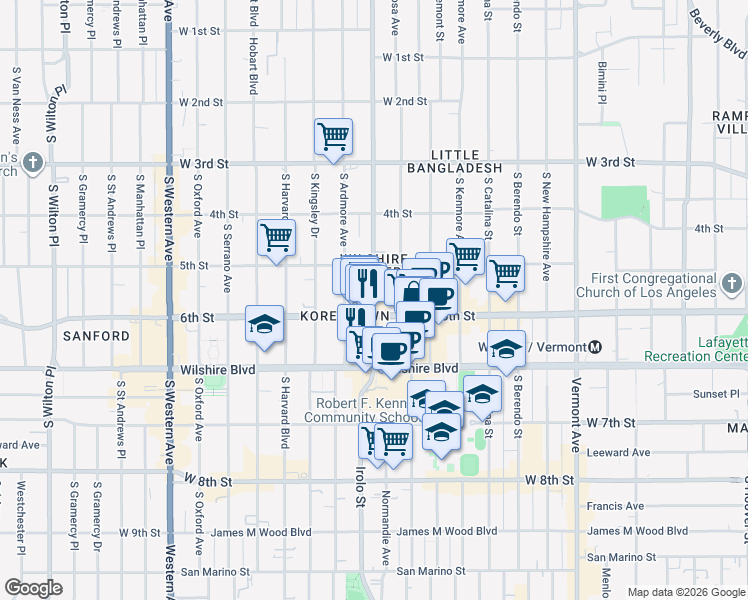map of restaurants, bars, coffee shops, grocery stores, and more near 540 South Normandie Avenue in Los Angeles