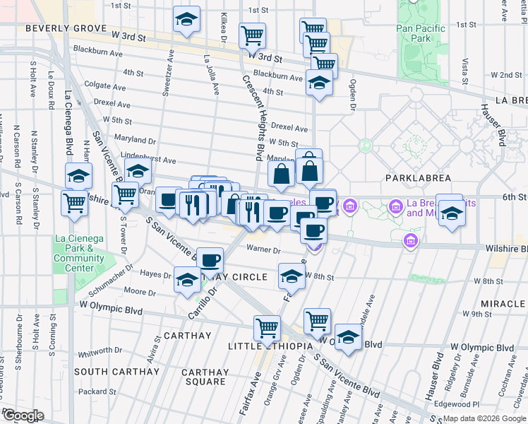map of restaurants, bars, coffee shops, grocery stores, and more near in Los Angeles