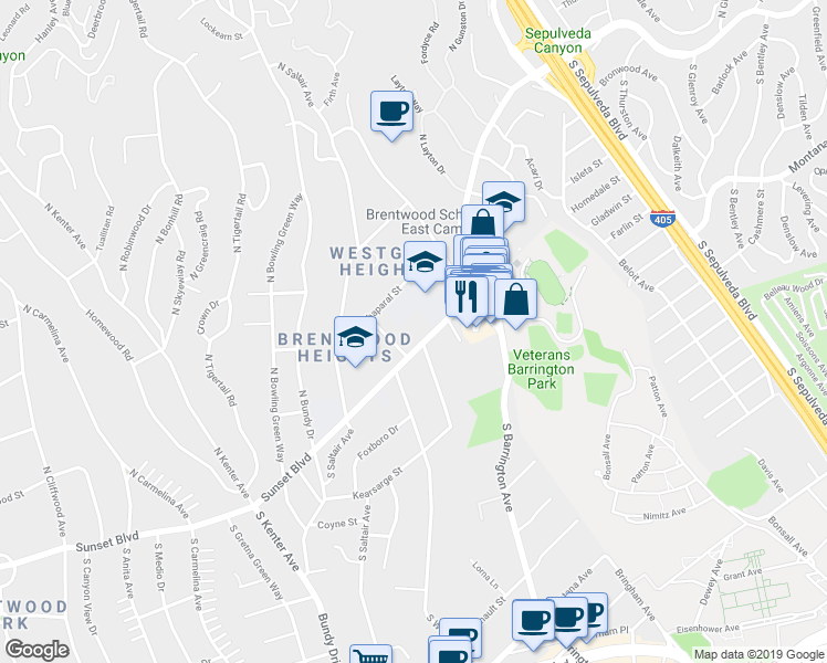 map of restaurants, bars, coffee shops, grocery stores, and more near 110 Granville Avenue in Los Angeles