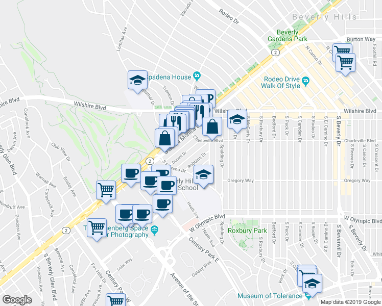 map of restaurants, bars, coffee shops, grocery stores, and more near 9941 Robbins Drive in Beverly Hills