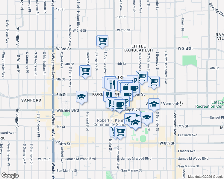 map of restaurants, bars, coffee shops, grocery stores, and more near 541 Normandie Avenue in Los Angeles