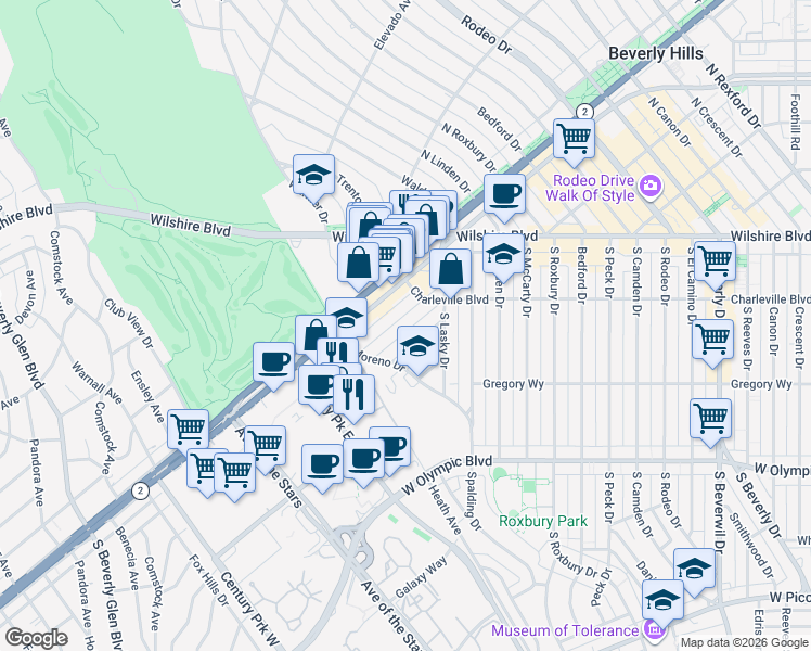 map of restaurants, bars, coffee shops, grocery stores, and more near 9930 Durant Drive in Beverly Hills