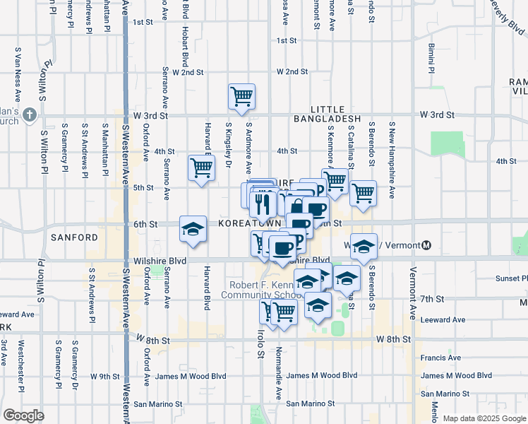 map of restaurants, bars, coffee shops, grocery stores, and more near 541 Normandie Avenue in Los Angeles