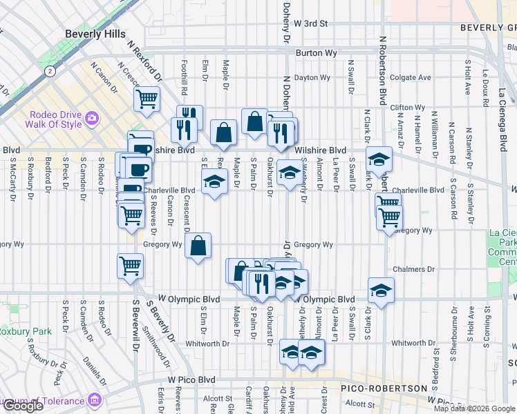 map of restaurants, bars, coffee shops, grocery stores, and more near 220 South Palm Drive in Beverly Hills