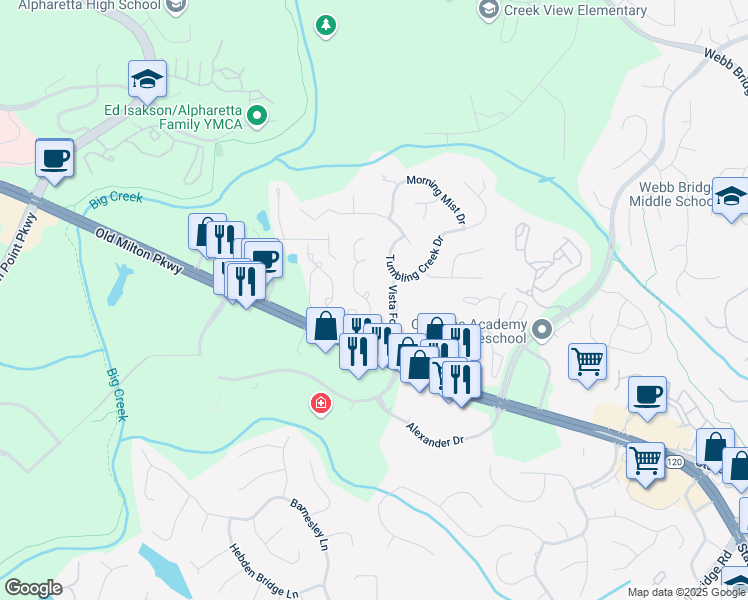 map of restaurants, bars, coffee shops, grocery stores, and more near 5490 Bridge Pointe Drive in Alpharetta