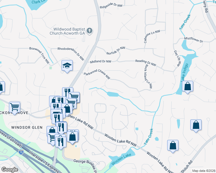 map of restaurants, bars, coffee shops, grocery stores, and more near 1307 Chandler Court Northwest in Acworth