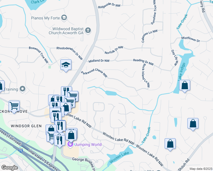 map of restaurants, bars, coffee shops, grocery stores, and more near 1307 Chandler Court Northwest in Acworth