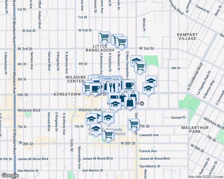 map of restaurants, bars, coffee shops, grocery stores, and more near 540 South Catalina Street in Los Angeles