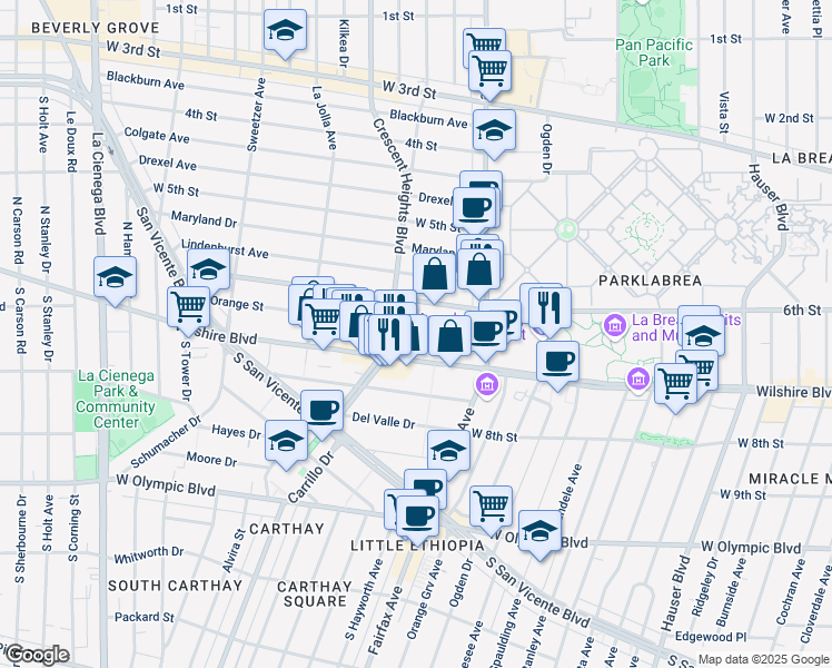 map of restaurants, bars, coffee shops, grocery stores, and more near 6205 Wilshire Boulevard in Los Angeles