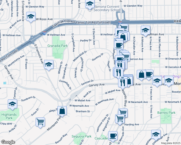 map of restaurants, bars, coffee shops, grocery stores, and more near 2409 Siwanoy Drive in Alhambra