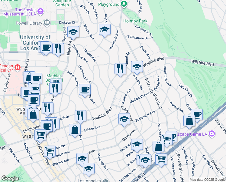 map of restaurants, bars, coffee shops, grocery stores, and more near 10501 Wilshire Boulevard in Los Angeles