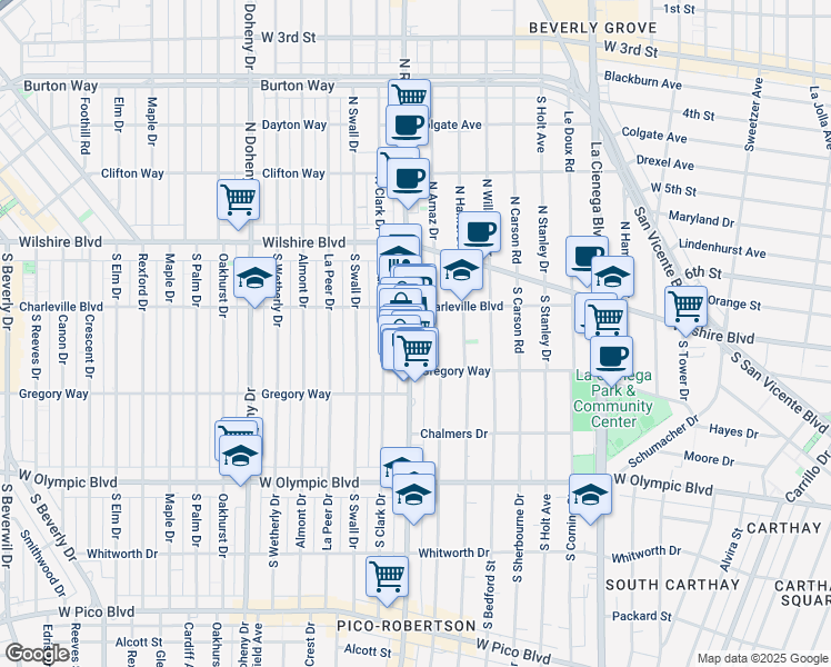 map of restaurants, bars, coffee shops, grocery stores, and more near 221 South Arnaz Drive in Beverly Hills