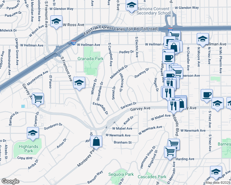 map of restaurants, bars, coffee shops, grocery stores, and more near 2501 Hitchcock Drive in Alhambra