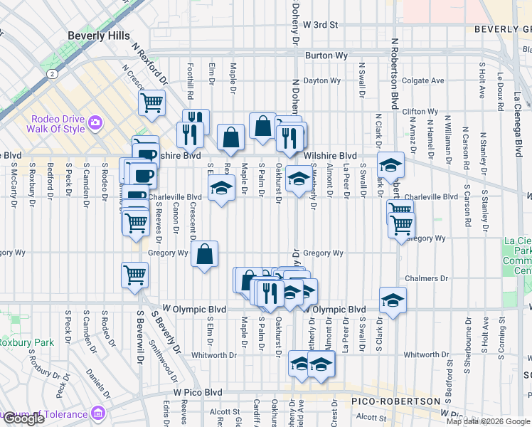 map of restaurants, bars, coffee shops, grocery stores, and more near 220 South Palm Drive in Beverly Hills